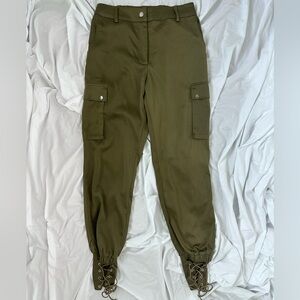Olive Satin Cargo Pants with Lace Up Details
